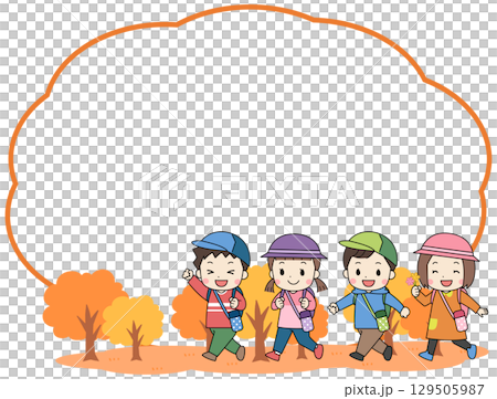 秋の遠足に出かける子供たちとシンプルなフレームイラスト 129505987