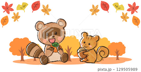 秋の紅葉と可愛いタヌキとリスのイラスト 秋の紅葉と可愛いタヌキとリスのイラスト 129505989