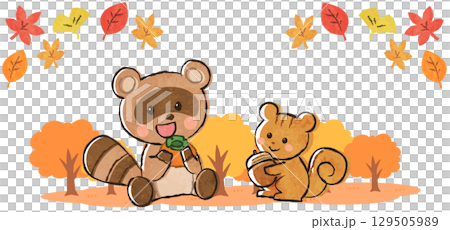 秋の紅葉と可愛いタヌキとリスのイラスト 秋の紅葉と可愛いタヌキとリスのイラスト 129505989