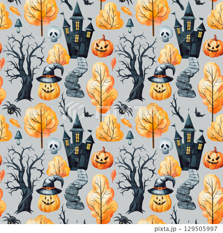 Watercolor haunted house pattern with pumpkins trees skulls bats and witch hats on white spooky background Watercolor haunted house pattern with pumpkins trees skulls bats and witch hats on white spooky background 129505997
