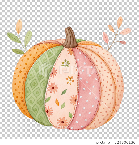 Patchwork Pumpkin Watercolor Style White Background  129506136