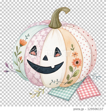 Patchwork Pumpkin Watercolor Style White Background  129506137