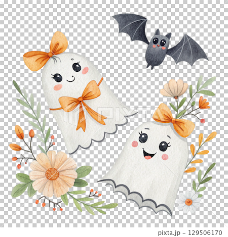 watercolor pastel-colored ghosts with vintage floral fabric White Background  129506170