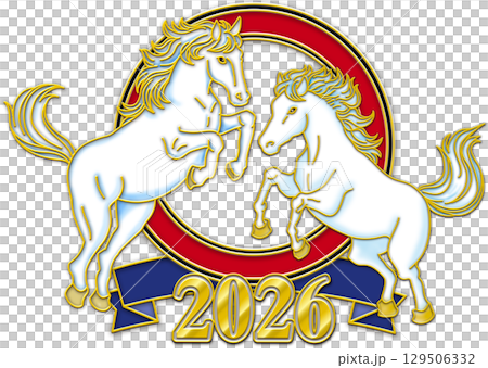 馬年賀年卡_正面馬徽_紅圈_藍絲帶_兩匹白馬_2026 129506332