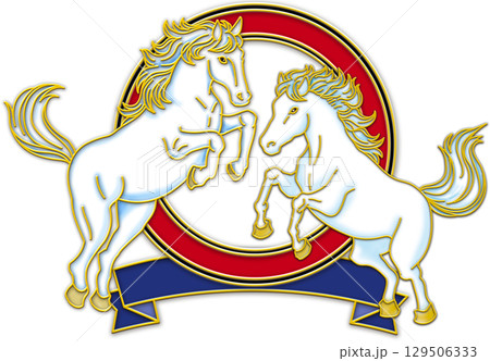 午年の年賀状_向かい合う馬のエンブレム_赤い輪_青いリボン_白い馬二頭 午年の年賀状_向かい合う馬のエンブレム_赤い輪_青いリボン_白い馬二頭 129506333