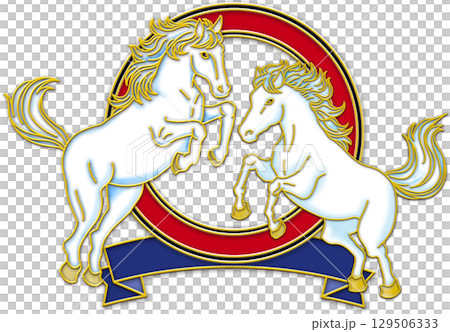 午年の年賀状_向かい合う馬のエンブレム_赤い輪_青いリボン_白い馬二頭 午年の年賀状_向かい合う馬のエンブレム_赤い輪_青いリボン_白い馬二頭 129506333