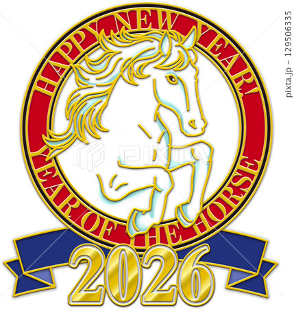 午年のイラスト_馬のイラスト_赤い輪_緑のリボン_白い馬_2026年 午年のイラスト_馬のイラスト_赤い輪_緑のリボン_白い馬_2026年 129506335
