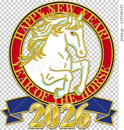 午年のイラスト_馬のイラスト_赤い輪_緑のリボン_白い馬_2026年 午年のイラスト_馬のイラスト_赤い輪_緑のリボン_白い馬_2026年 129506335