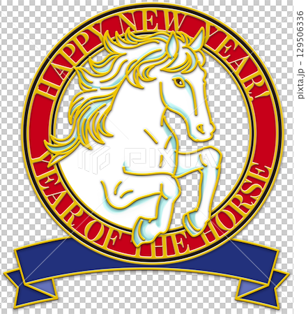 馬年插畫_紅圈_綠絲帶_白馬_白馬_馬插畫 129506336