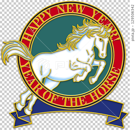 Year of the Horse illustration, red circle, blue ribbon, green background, white horse, cool horse illustration, New Year's card Year of the Horse illustration, red circle, blue ribbon, green background, white horse, cool horse illustration, New Year's card 129506342
