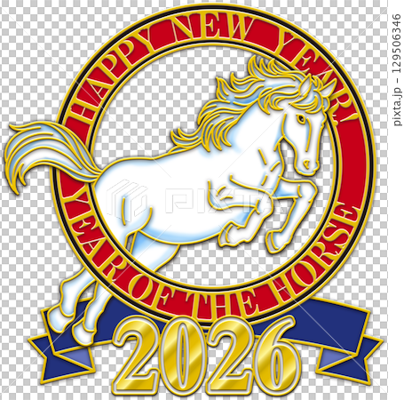 午年のイラスト_赤い輪_青いリボン_透過_白い馬_2026年_かっこいい馬のイラスト年賀状 129506346