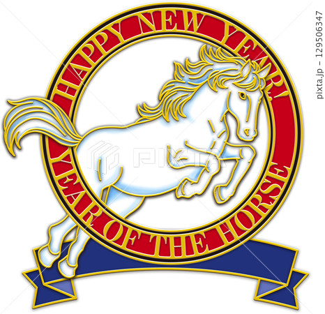 午年のイラスト_赤い輪_青いリボン_透過_白い馬_かっこいい馬のイラスト年賀状 午年のイラスト_赤い輪_青いリボン_透過_白い馬_かっこいい馬のイラスト年賀状 129506347