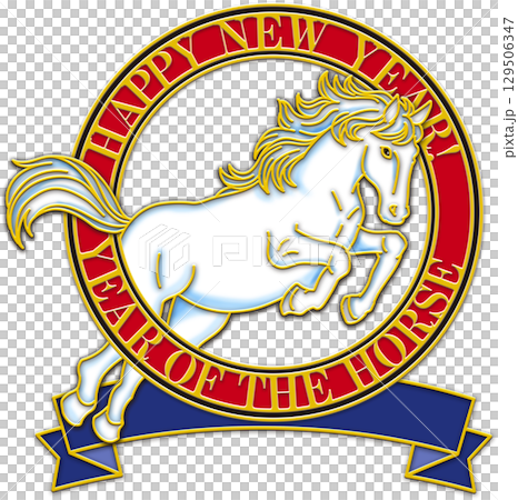 午年のイラスト_赤い輪_青いリボン_透過_白い馬_かっこいい馬のイラスト年賀状 午年のイラスト_赤い輪_青いリボン_透過_白い馬_かっこいい馬のイラスト年賀状 129506347