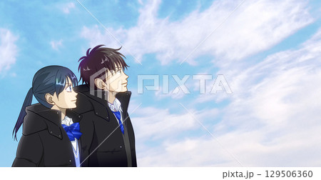 冬空を見上げる高校生または中学生の男女のアニメ風イラスト、右に余白 129506360
