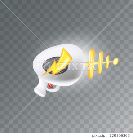 Cartoon super space energy blaster isolated on transparent background. Retro game label or icon with vintage space laser pistol gun. Tesla electric coil gun 129506366