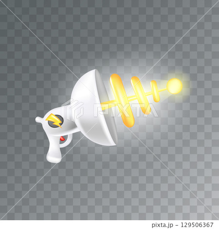 Cartoon super space energy blaster isolated on transparent background. Retro game label or icon with vintage space laser pistol gun. Tesla electric coil gun 129506367