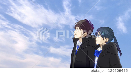冬空を見上げる高校生または中学生の男女のアニメ風イラスト、左に余白 129506456
