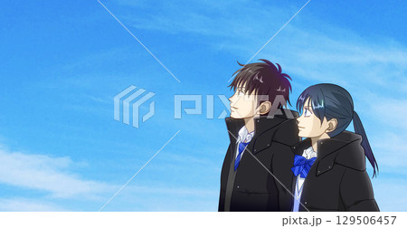 冬空を見上げる高校生または中学生の男女のアニメ風イラスト、左に余白 129506457