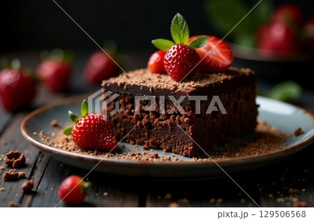 Piece classic chocolate cake, dessert photo restaurant bakery. AI Generative 129506568