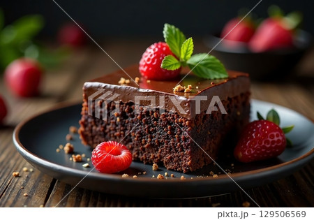 Piece classic chocolate cake, dessert photo restaurant bakery. AI Generative 129506569