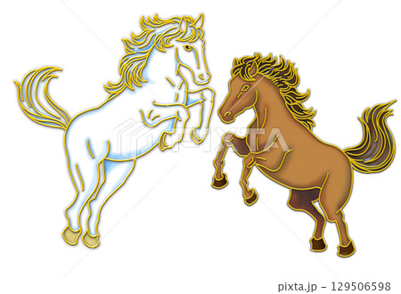 馬のイラスト_午年_ウマ年_午年の年賀状_向かい合う二頭の馬_白と茶色 馬のイラスト_午年_ウマ年_午年の年賀状_向かい合う二頭の馬_白と茶色 129506598