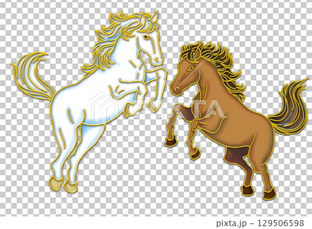 馬のイラスト_午年_ウマ年_午年の年賀状_向かい合う二頭の馬_白と茶色 馬のイラスト_午年_ウマ年_午年の年賀状_向かい合う二頭の馬_白と茶色 129506598