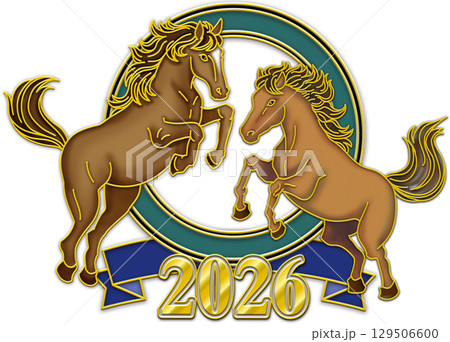 馬のイラスト_午年_ウマ年_午年の年賀状_向かい合う馬のエンブレム_茶色の馬二頭_2026年 129506600