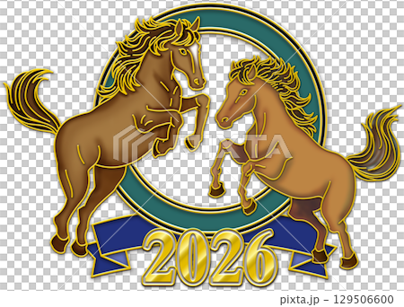 馬のイラスト_午年_ウマ年_午年の年賀状_向かい合う馬のエンブレム_茶色の馬二頭_2026年 129506600