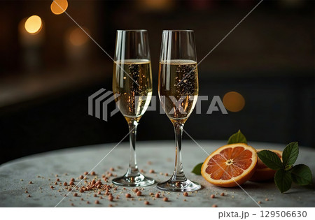 Glass of champagne on dark background. Drink photo bar restaurant. AI Generative 129506630