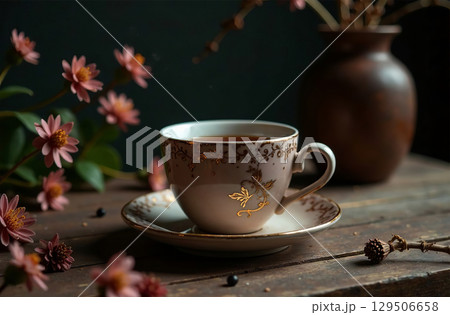 Glass mug tea on dark background, drink for restaurant menu. AI Generative 129506658