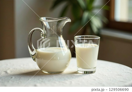 Jug and glass milk light background, drink photo restaurant. AI Generative 129506690