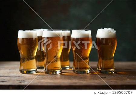 Glass mug of beer on dark background. Drink photo bar restaurant. AI Generative Glass mug of beer on dark background. Drink photo bar restaurant. AI Generative 129506707