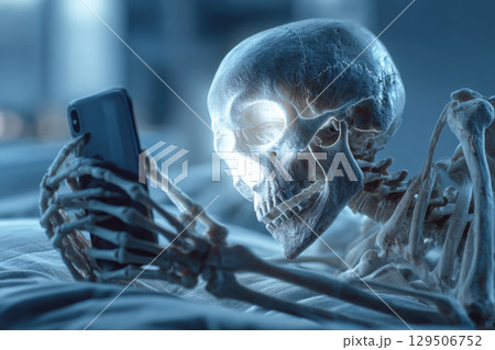 Skeleton with smartphone in bed 129506752