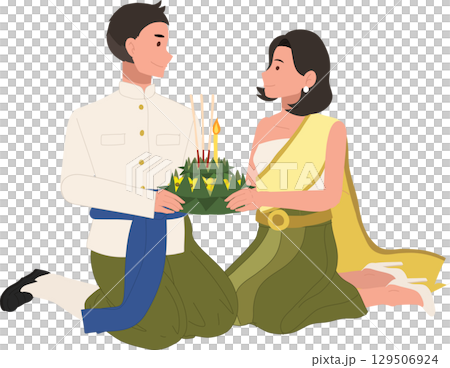 thai cultural festival scene with couple kneeling in traditional attire holding krathong for loy krathong celebration in thailand 129506924