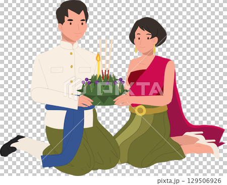 thai cultural festival scene with couple kneeling in traditional attire holding krathong for loy krathong celebration in thailand thai cultural festival scene with couple kneeling in traditional attire holding krathong for loy krathong celebration in thailand 129506926