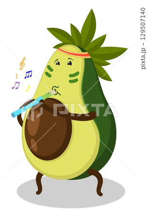Cheerful musician avocado fruit plays a musical melody on wooden flute. Notes rise up into air. Cartoon vector isolated on white background 129507140