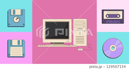 Back to 90s. Flat vector set of old computer pc, vintage video cassette, floppy disk, tape recorder cassette and compact disc. Nostalgia for 1990s Back to 90s. Flat vector set of old computer pc, vintage video cassette, floppy disk, tape recorder cassette and compact disc. Nostalgia for 1990s 129507154