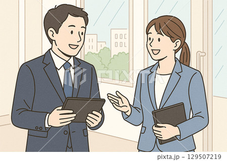 ビジネス会議で話し合う男女のイラスト(オフィス背景) ビジネス会議で話し合う男女のイラスト(オフィス背景) 129507219