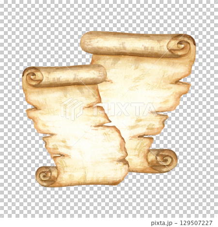 Two papyrus scrolls. Ancient Egyptian old paper sheets, rolls. Watercolor illustration isolated from background. Hand drawn empty template. Written medium for composition design, messages, postcards 129507227