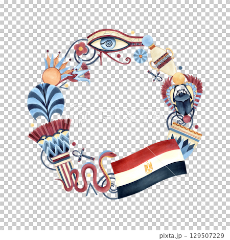 Circle frame Egyptian style, religion icons, flag of Egypt, sacred lotus. Scarab beetle, Eye of Horus, Ankh, ancient vase, snake. Watercolor illustration isolated from background. Postcard, template 129507229