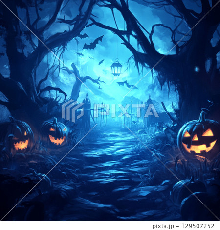 Blue Halloween background with pumpkin and tree. Abstract grunge wallpaper for design holiday party 129507252