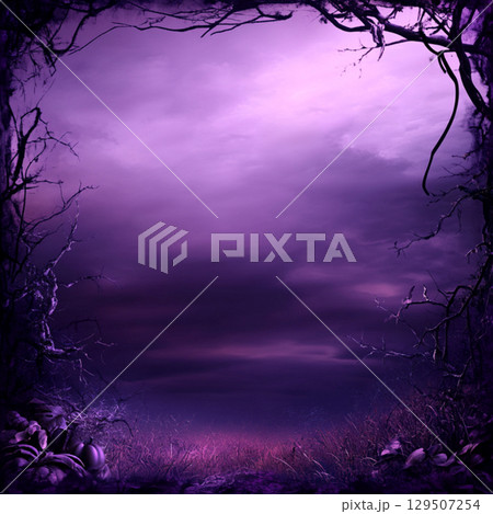 Violet Halloween background with moon and tree. Abstract grunge wallpaper for design holiday party 129507254