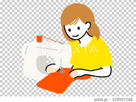 Illustration of a woman using a sewing machine Illustration of a woman using a sewing machine 129507288