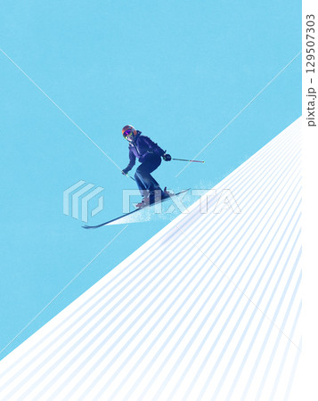Contemporary collage of snowboarder in blue carving downhill with red cable car and stylized mountain background Contemporary collage of snowboarder in blue carving downhill with red cable car and stylized mountain background 129507303