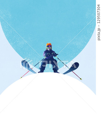 Collage of skier in orange helmet captured from front during steep downhill run in artistic winter setting 129507304