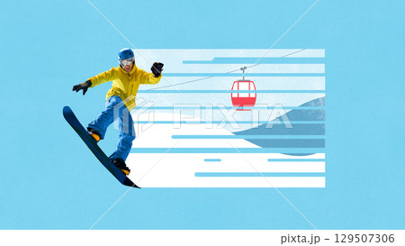 Creative digital artwork of snowboarder in yellow jacket performing aerial trick with mountain cable car backdrop. Creative digital artwork of snowboarder in yellow jacket performing aerial trick with mountain cable car backdrop. 129507306