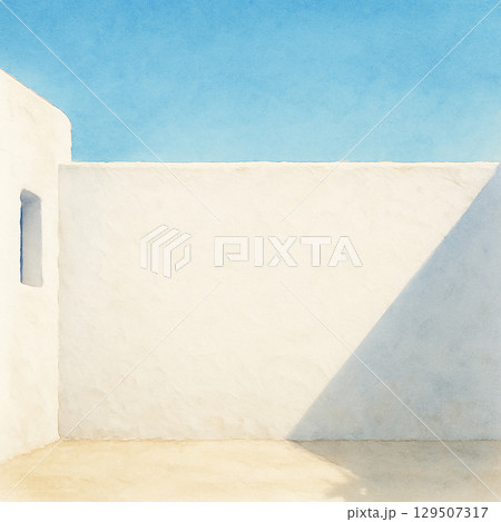 白壁と影が作るミニマル構図と青空の風景 129507317