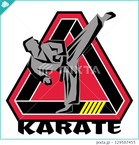 Karate high kick emblem. Martial art colored simbol design. Vector, EPS. 129507455
