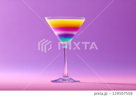 Vibrant Layered Cocktail in Martini Glass on Purple Background 129507508