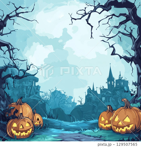 Blue Halloween background with pumpkin and tree. Abstract grunge wallpaper for design holiday party 129507565